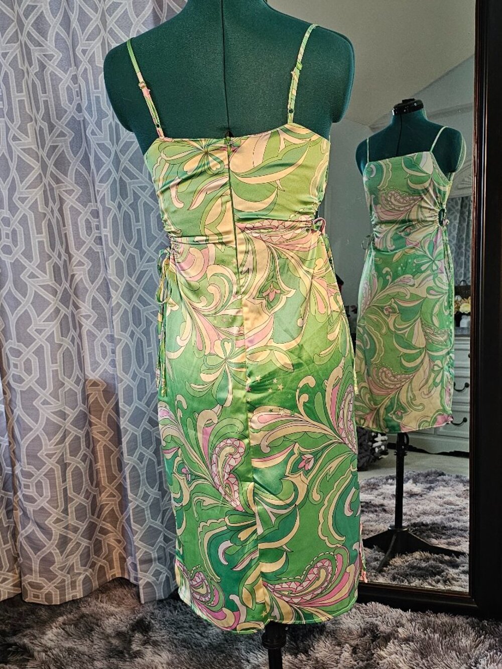 Christian Lacroix Green & Pink Paisley Print Satin Cut‑Out Midi Dress, Size XS - Picture 3 of 7